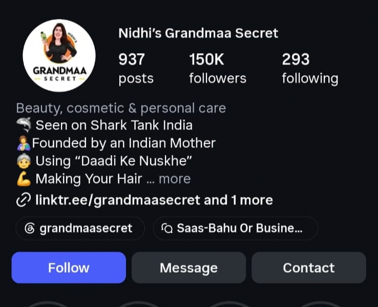 Instagram profile screenshot for Grandmaa Secret
